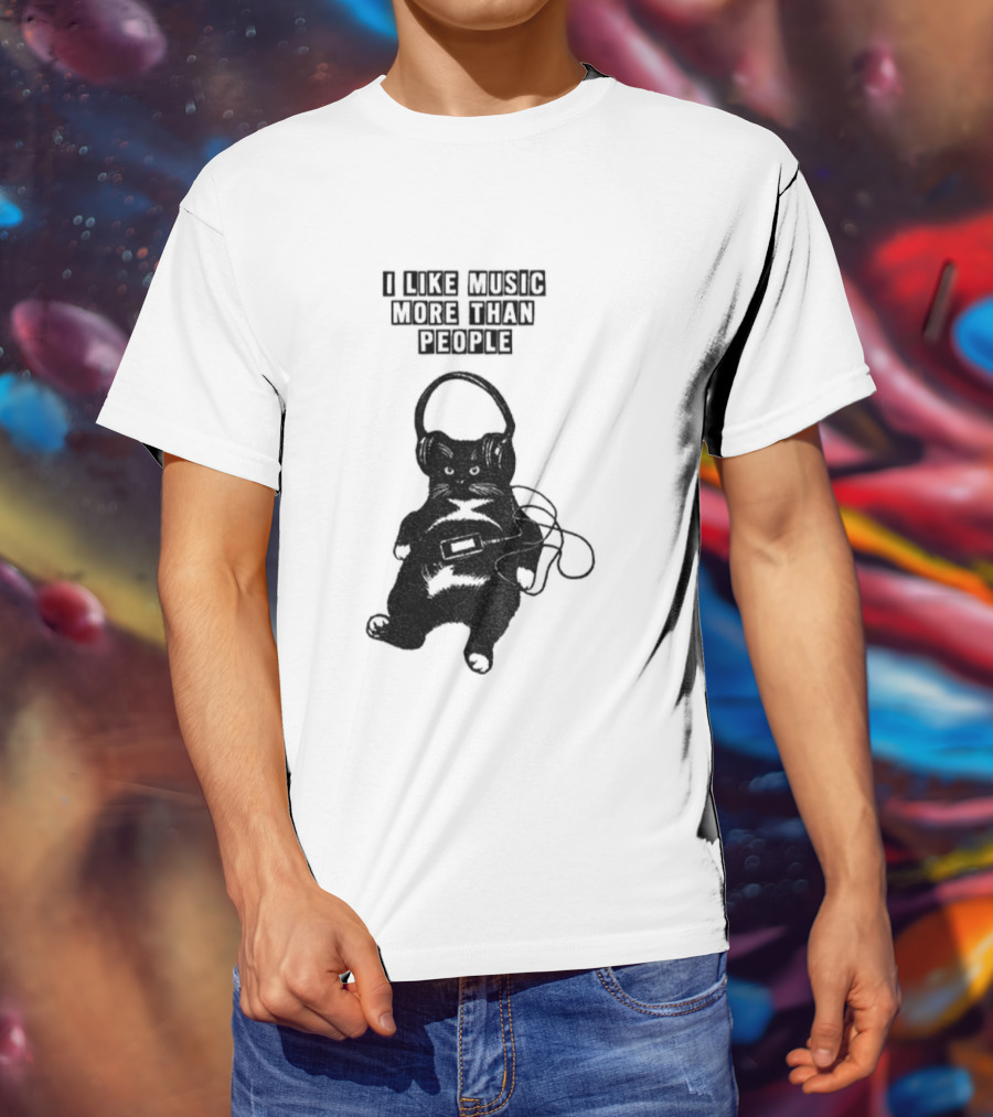 Black Cat With Headphones I Like Music More Than People T-Shirt