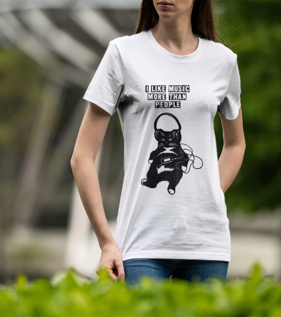 Black Cat With Headphones I Like Music More Than People T-Shirt