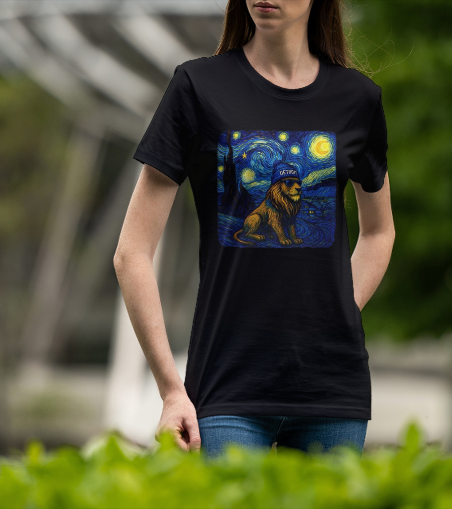 Detroit Lions Starry Night Van Gogh Style Lion With Beanie And Sunglasses T-Shirt