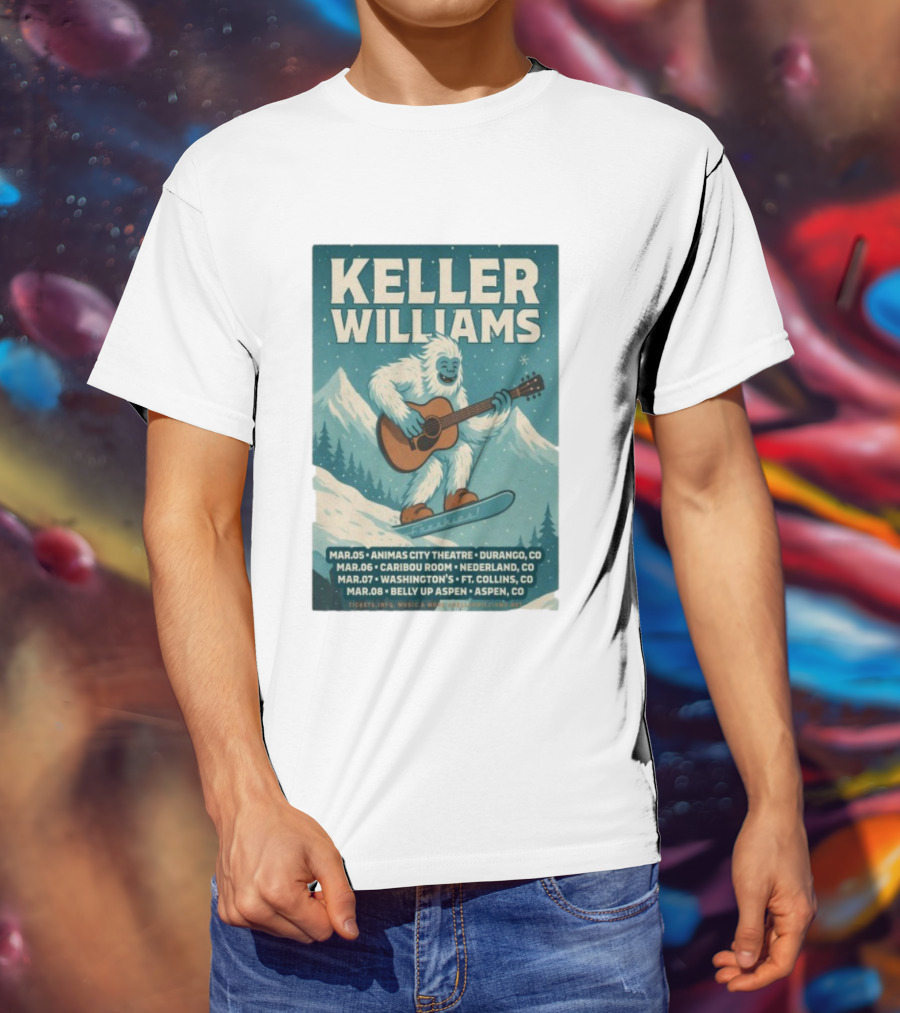 Keller Williams Winter 2026 Tour Guitar Ski Freshies Animas City Durango Caribou Nederland Washington's Fort Collins Belly Up Aspen T-Shirt