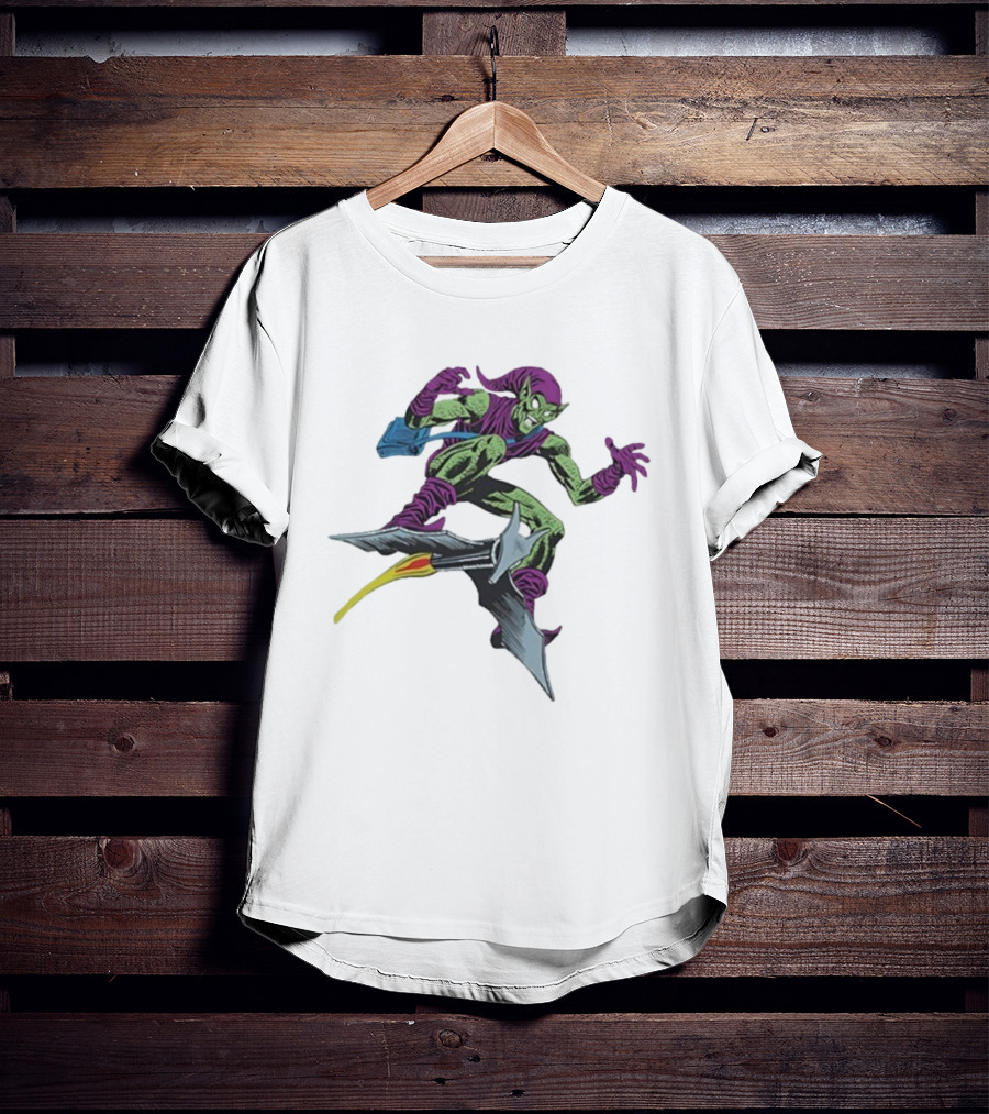 Green Goblin Marvel Character Flying Glider Comic Book Style Artwork T-Shirt