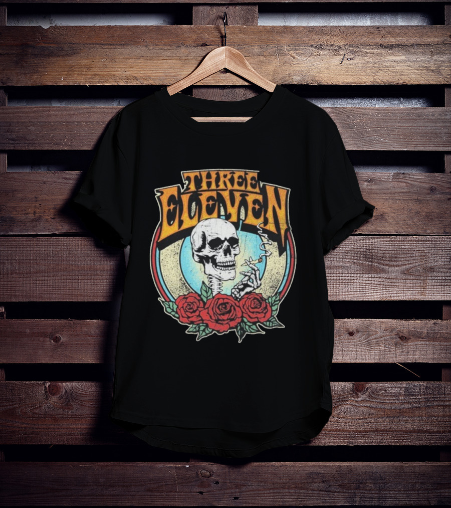 Three Eleven Smoking Skull With Roses Vintage Style T-Shirt