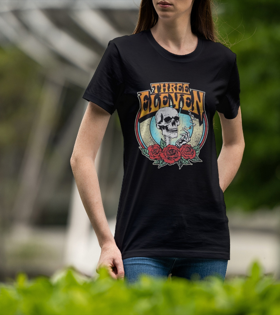Three Eleven Smoking Skull With Roses Vintage Style T-Shirt
