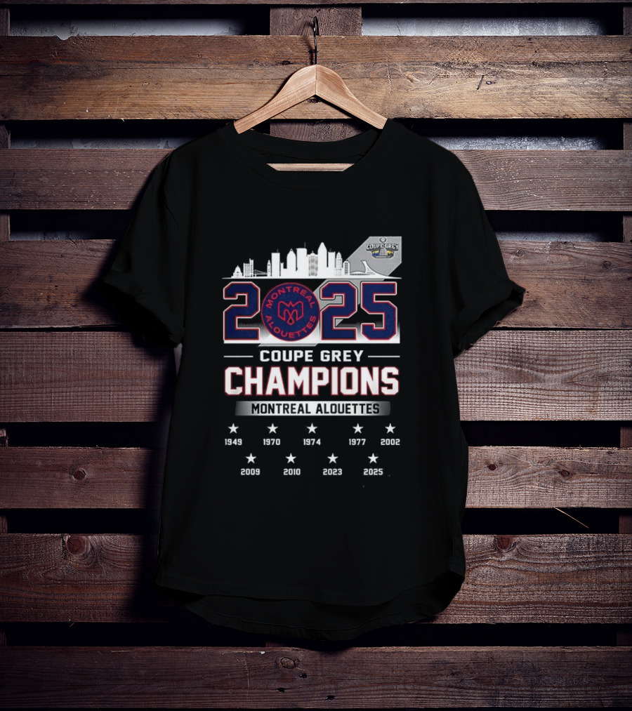 Montreal Alouettes 2025 Coupe Grey Champions City Skyline 1949-2002 T-Shirt