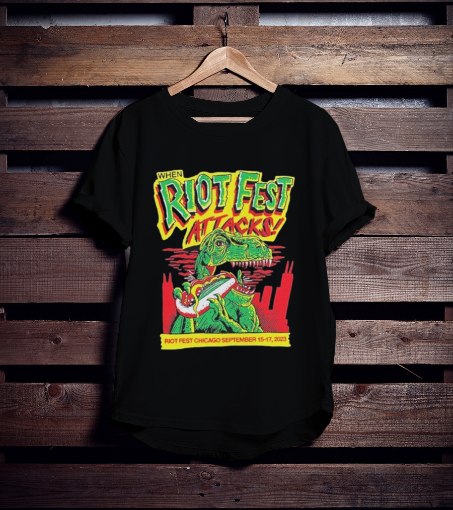When Riot Fest Attacks Chicago September 15-17 2023 Dinosaur Hot Dog Skyline T-Shirt