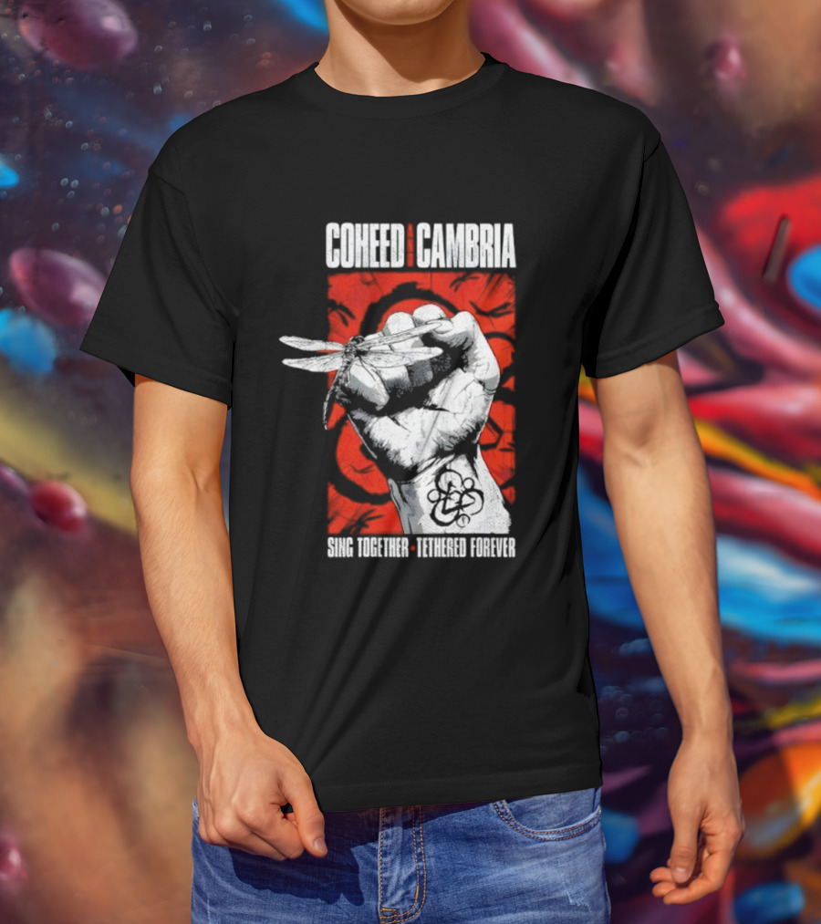 Coheed And Cambria Sing Together Tethered Forever Fist Symbol Red Background T-Shirt