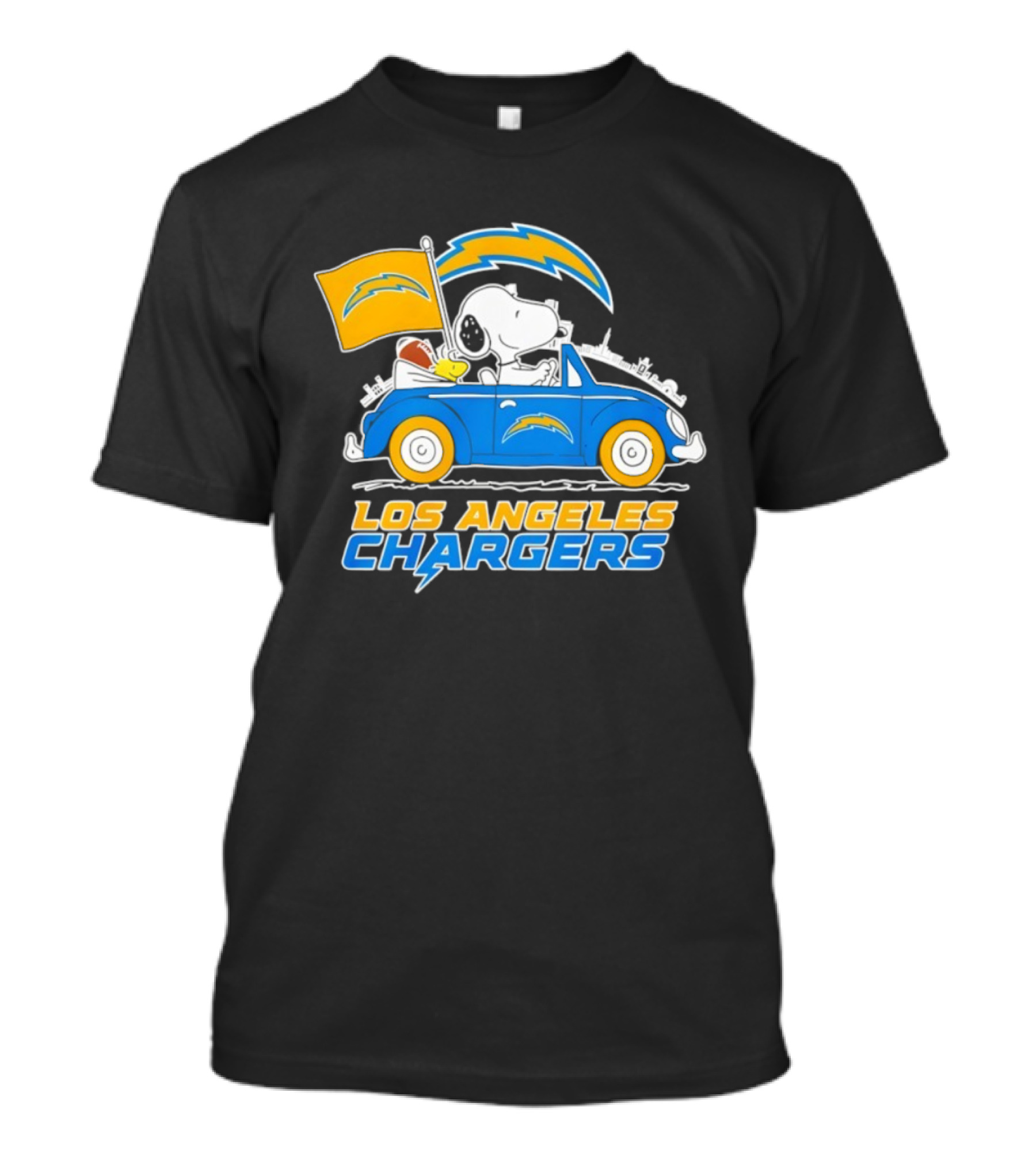 Los Angeles Chargers Snoopy Woodstock Driving Car Peanuts NFL Logo T-Shirt