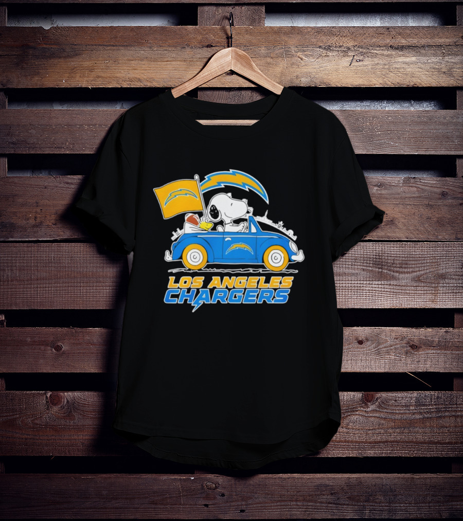 Los Angeles Chargers Snoopy Woodstock Driving Car Peanuts NFL Logo T-Shirt