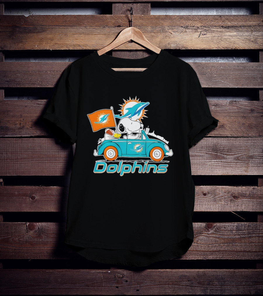 Miami Dolphins Snoopy Woodstock Driving With Flag And Logo T-Shirt