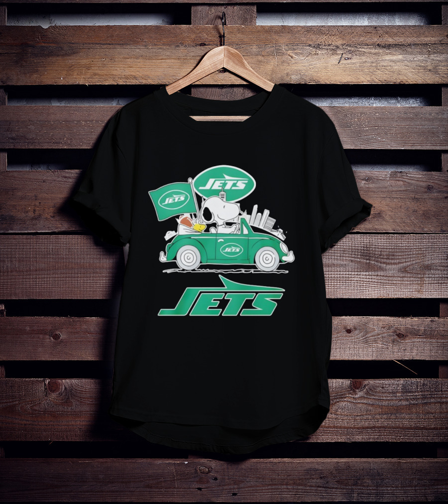 New York Jets Snoopy And Woodstock Driving City Adventure T-Shirt