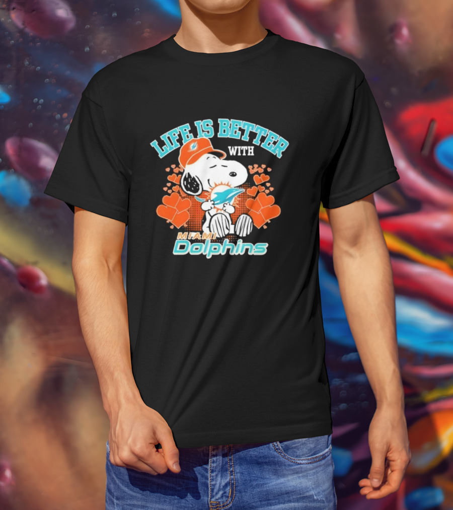 Snoopy Life Is Better With Miami Dolphins Hearts And Cap T-Shirt
