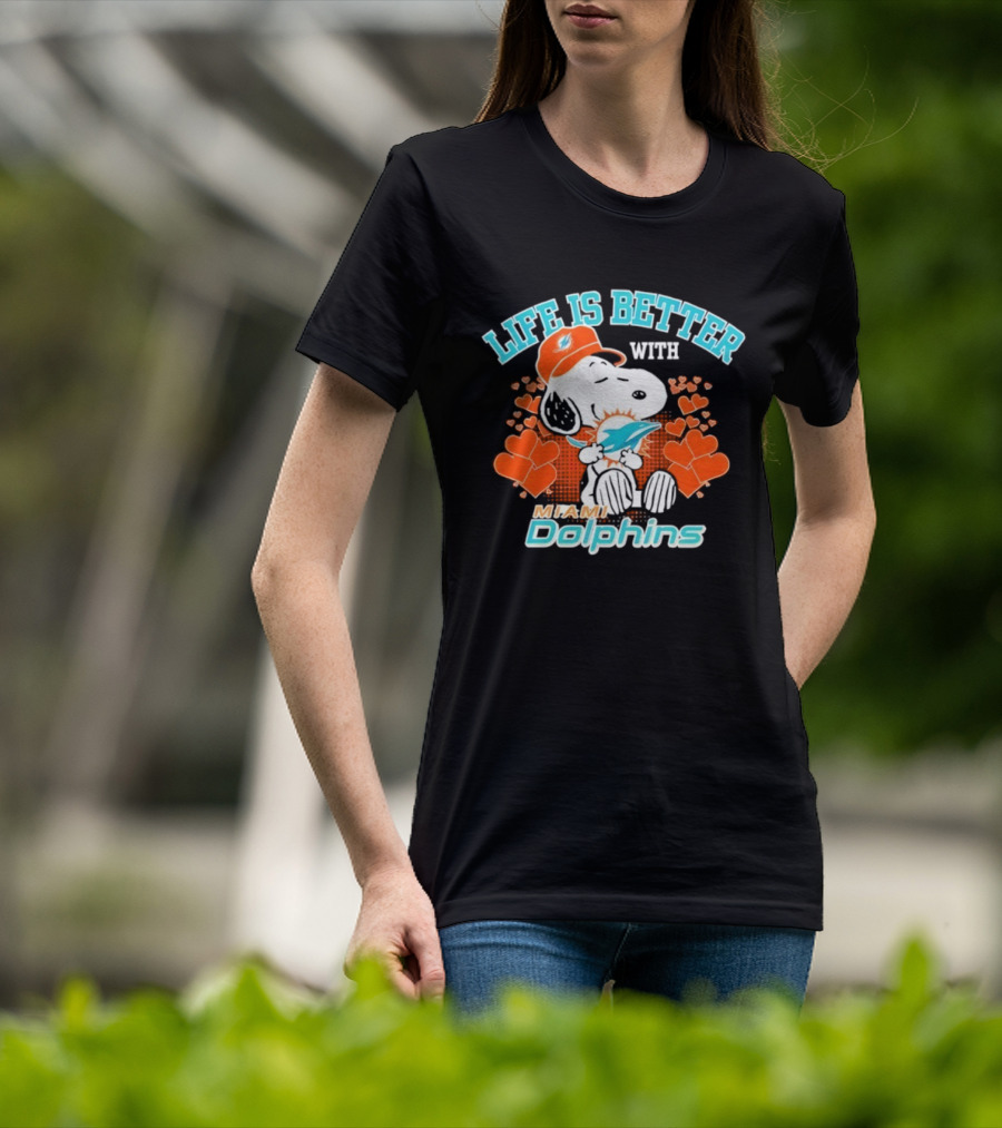 Snoopy Life Is Better With Miami Dolphins Hearts And Cap T-Shirt