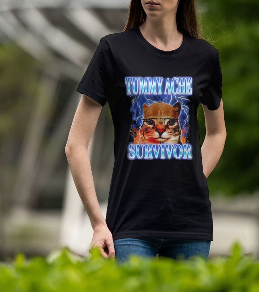 Tummy Ache Survivor Cat Meme Lightning Background T-Shirt