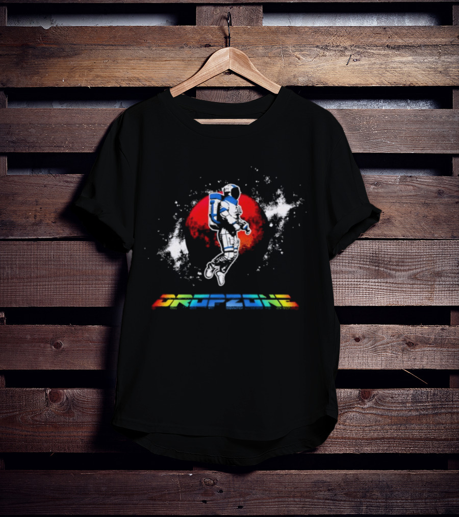 Dropzone Retro Astronaut In Front Of Red Sun Retro Gaming Style T-Shirt