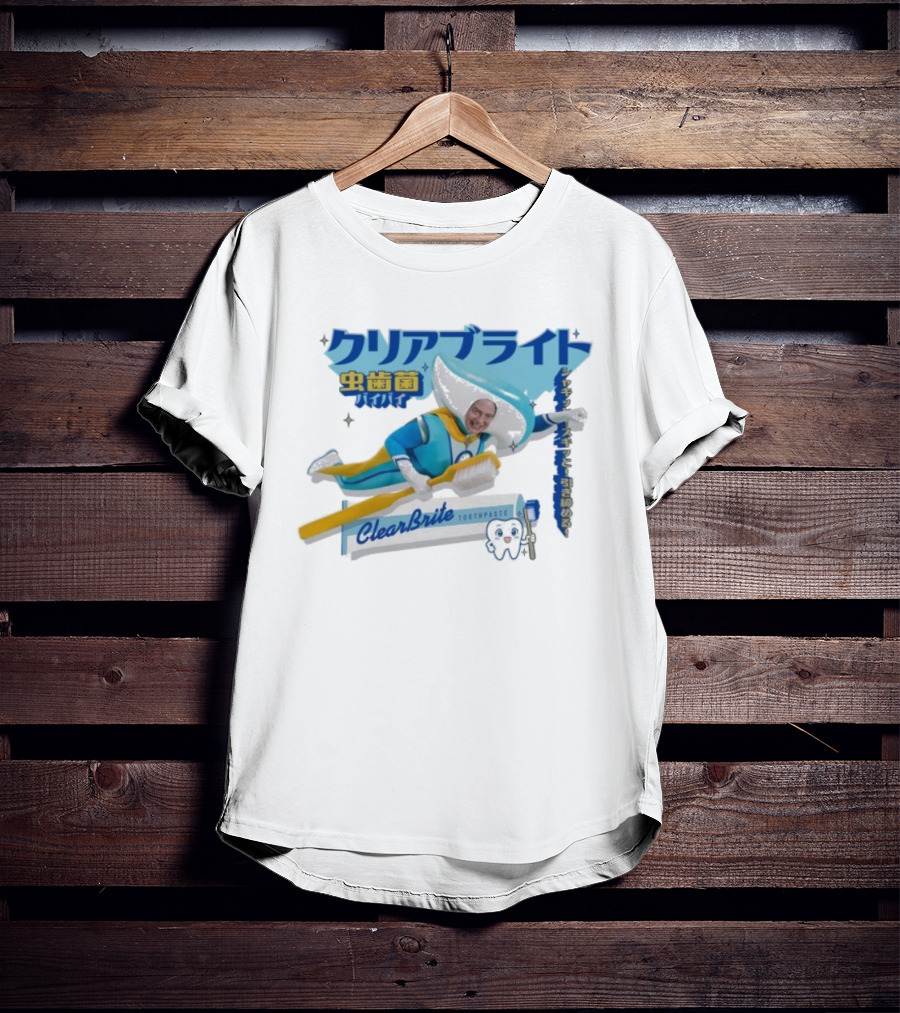 Clearbrite Toothpaste Flying Hero With Toothbrush And Japanese Text T-Shirt