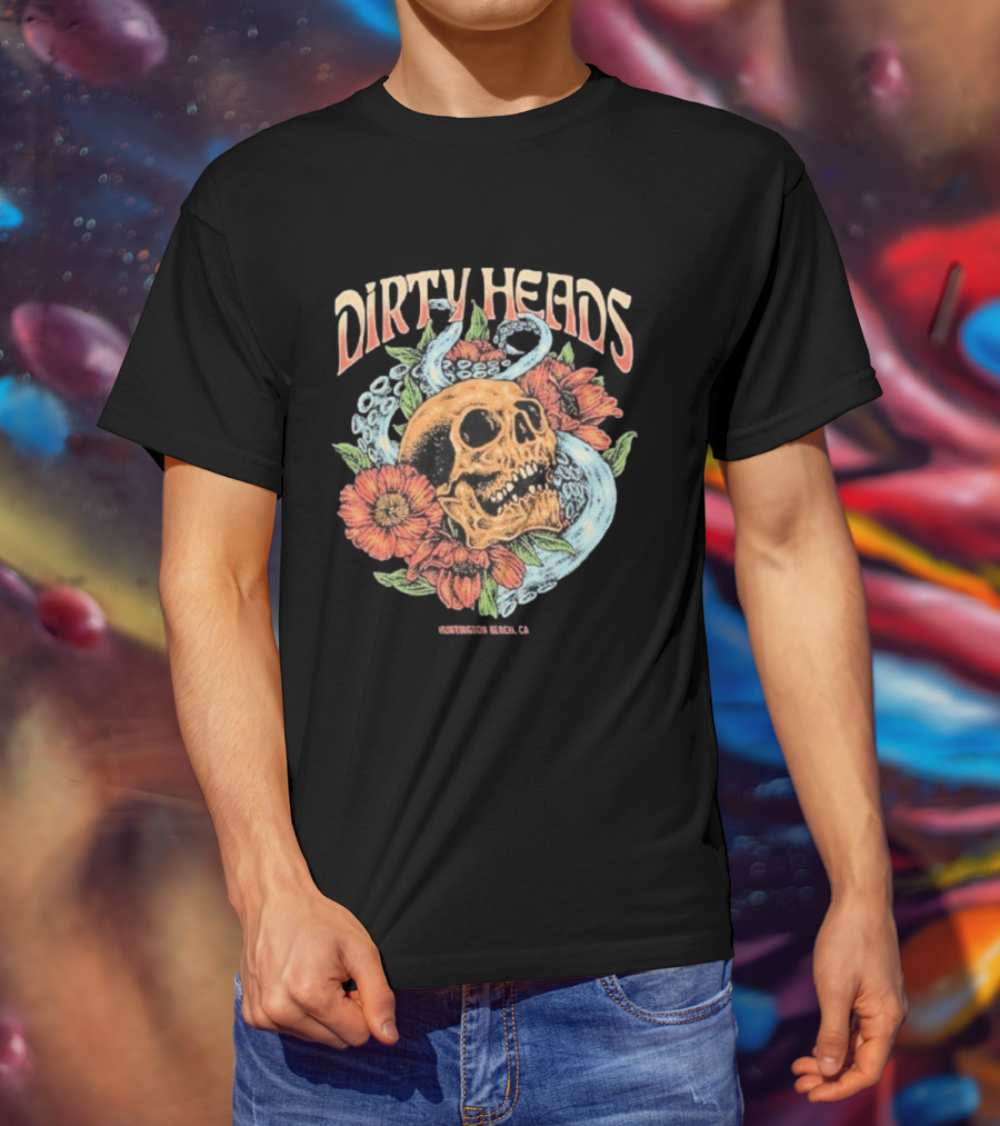 Dirty Heads Huntington Beach CA Skull Octopus Floral T-Shirt