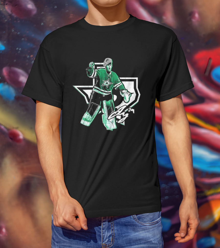 Jake Oettinger Dallas Stars NHL Texas Goalie Iconic Green White Gear T-Shirt