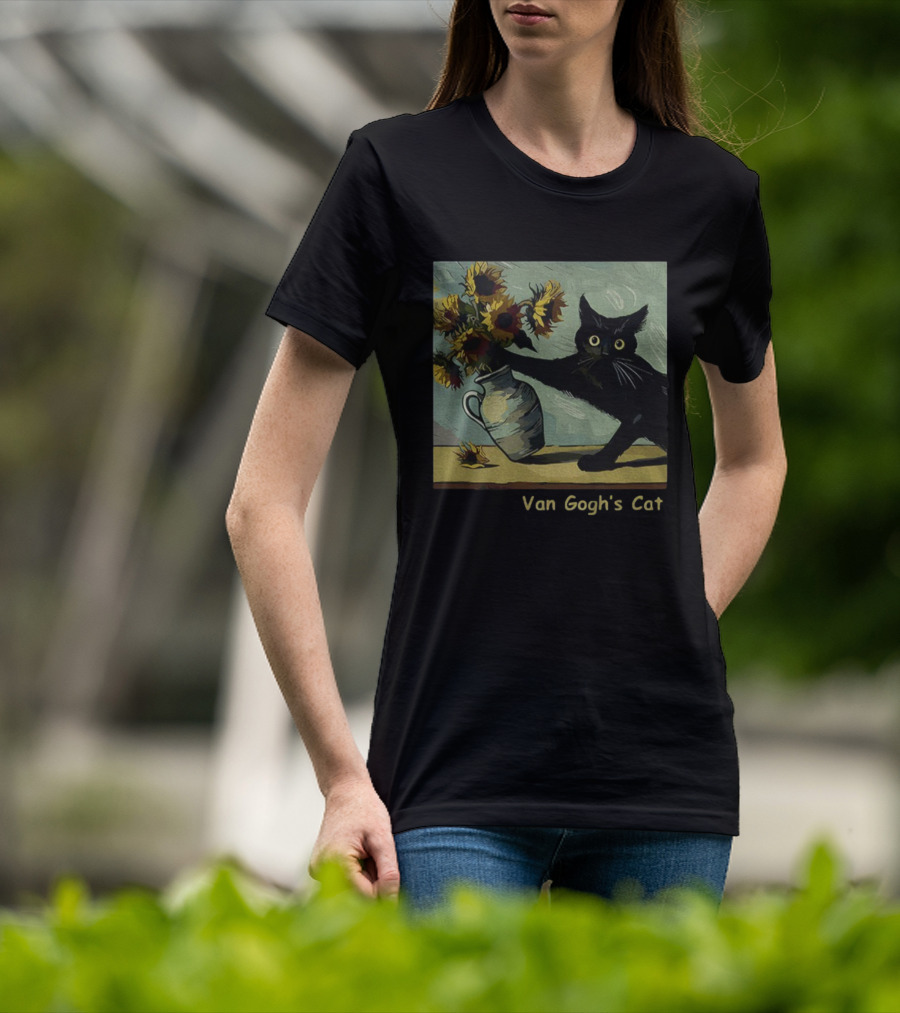 Van Gogh's Cat Sunflowers Funny Art Parody Cat Hugging Vase Painting T-Shirt