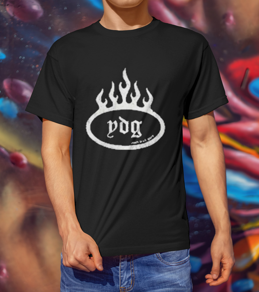 YDG Flame Oval With Gothic Script And Stylized Fire T-Shirt
