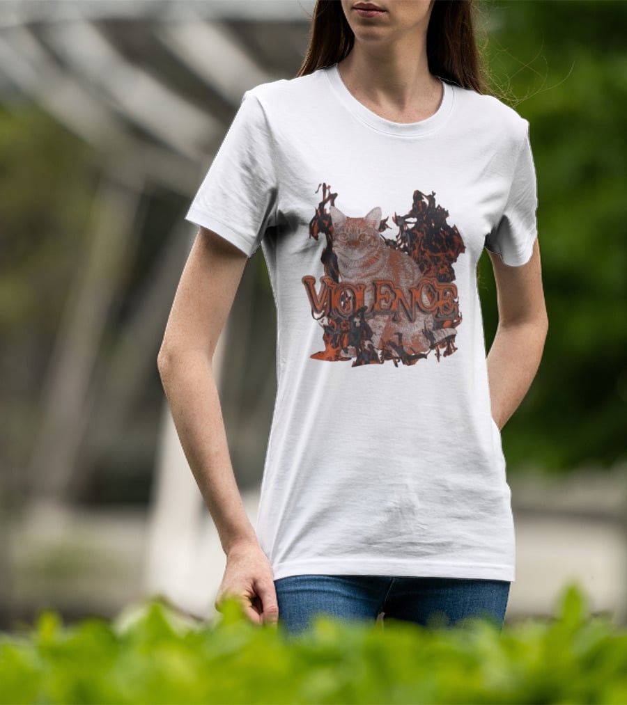 Violence Cat Flames Bold Typography Fiery Graphic T-Shirt