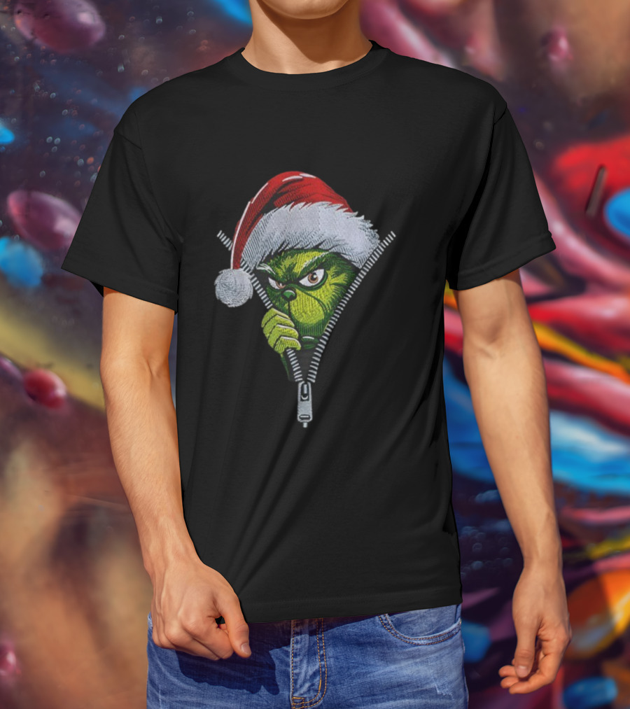 Grinch Santa Hat Christmas Zipper Peeker T-Shirt