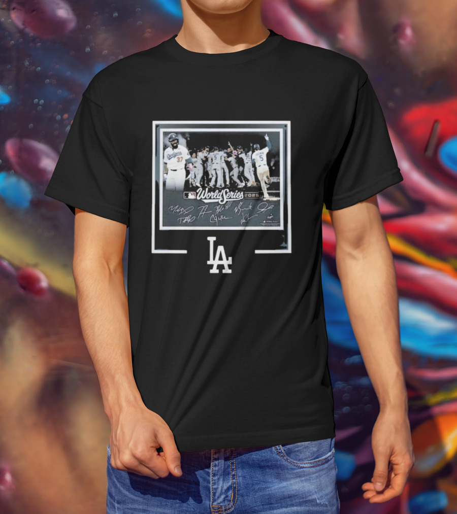 Los Angeles Dodgers 2025 World Series Autographed Team Signatures T-Shirt