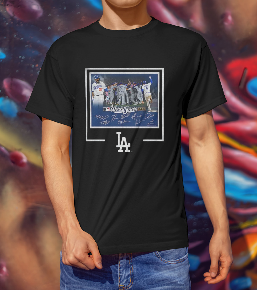 Los Angeles Dodgers 2025 World Series MLB Champions Autographed Photo Dodgers Team Celebration T-Shirt