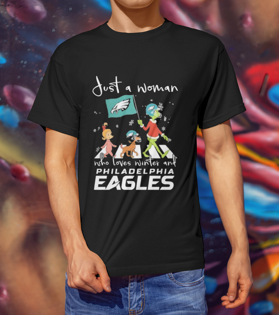 Just A Woman Who Loves Winter Philadelphia Eagles Grinch Cindy Lou Who Max Abbey Road Christmas T-Shirt