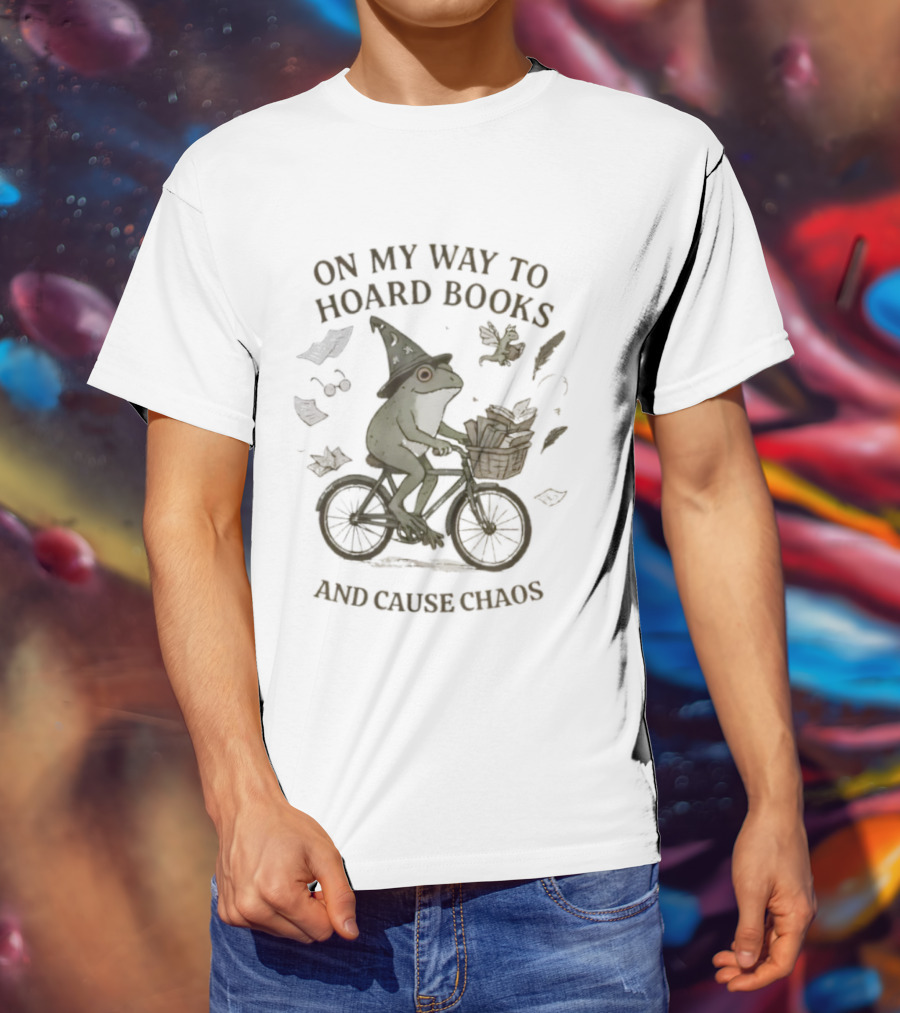 On My Way To Hoard Books And Cause Chaos Frog Riding Bike With Leaves T-Shirt