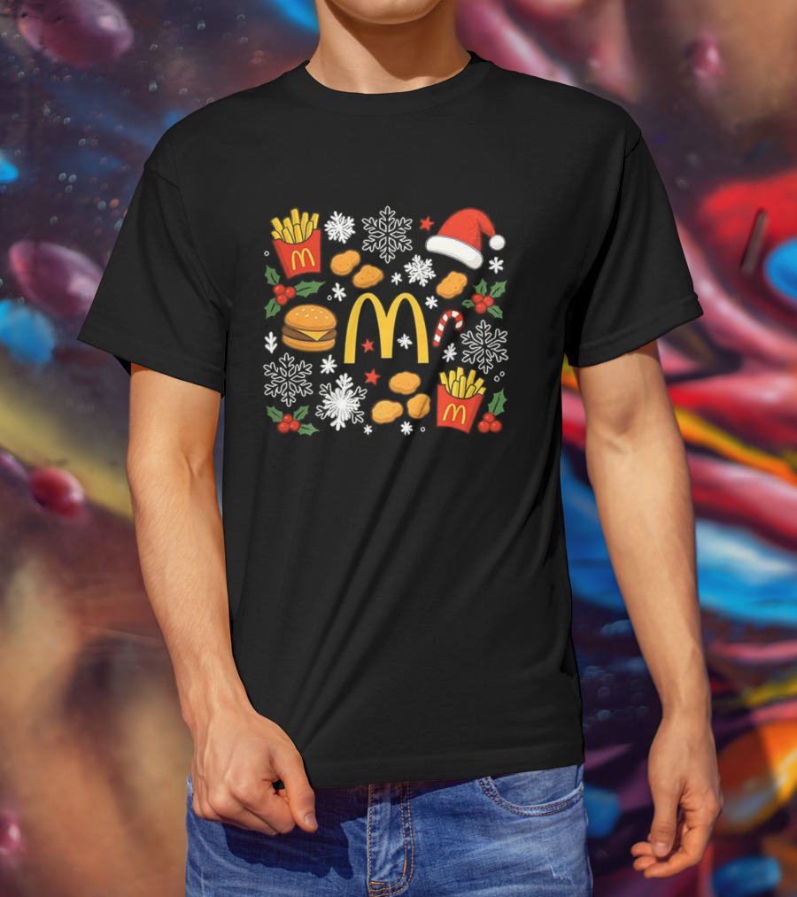 McDonald’s French Fries Chicken Nuggets Burgers Christmas Santa Hat Snowflakes Candy Cane T-Shirt