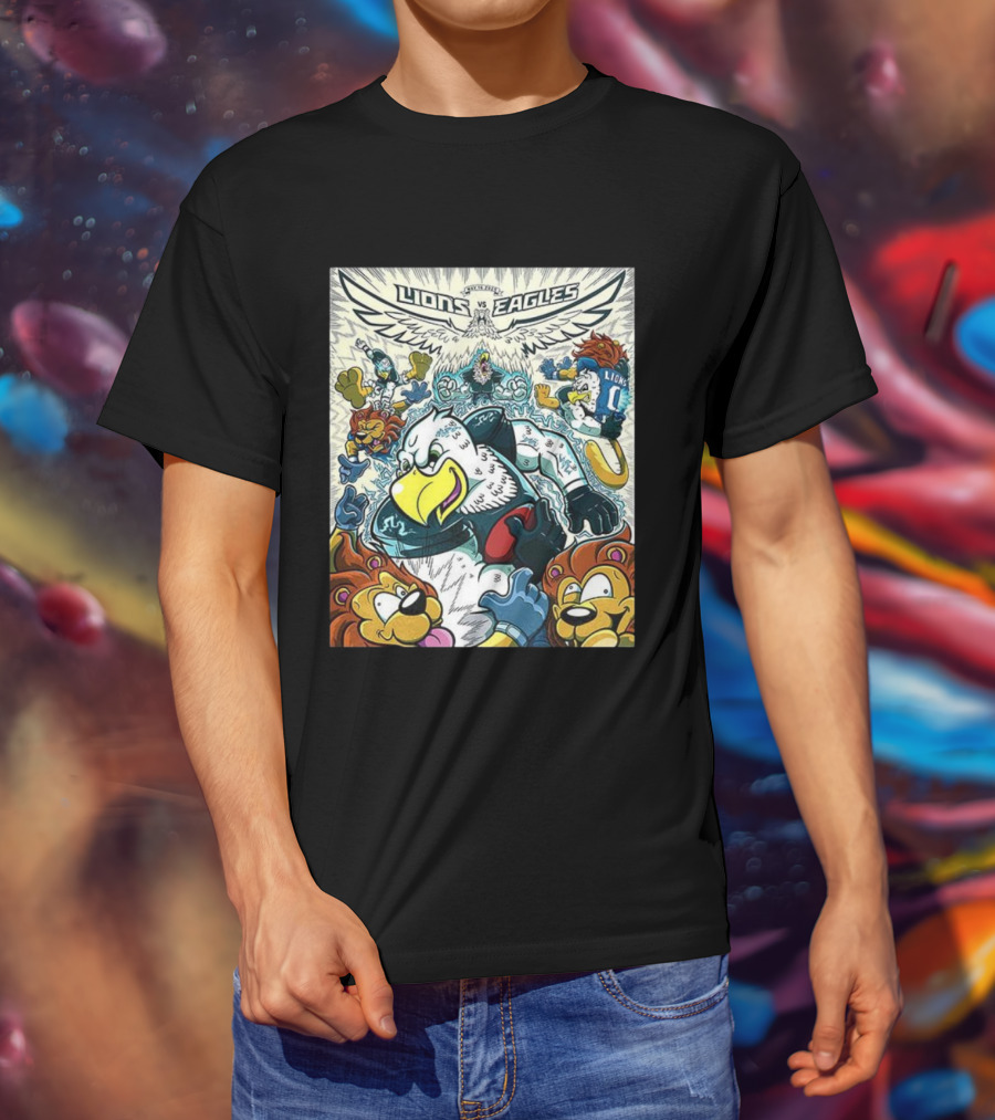 Lions Vs Eagles Cartoon Mascot Showdown NFL Week 11 2025 T-Shirt