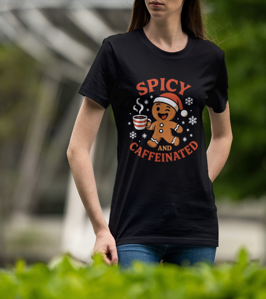 Spicy And Caffeinated Gingerbread Coffee Christmas Santa Hat Snowflakes T-Shirt