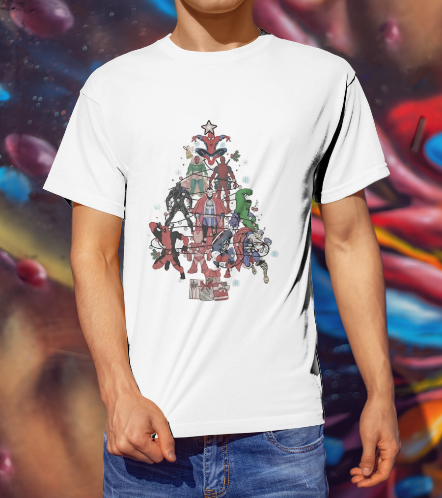Marvel Superheroes Christmas Tree With Iconic Characters And Festive Star Topper T-Shirt