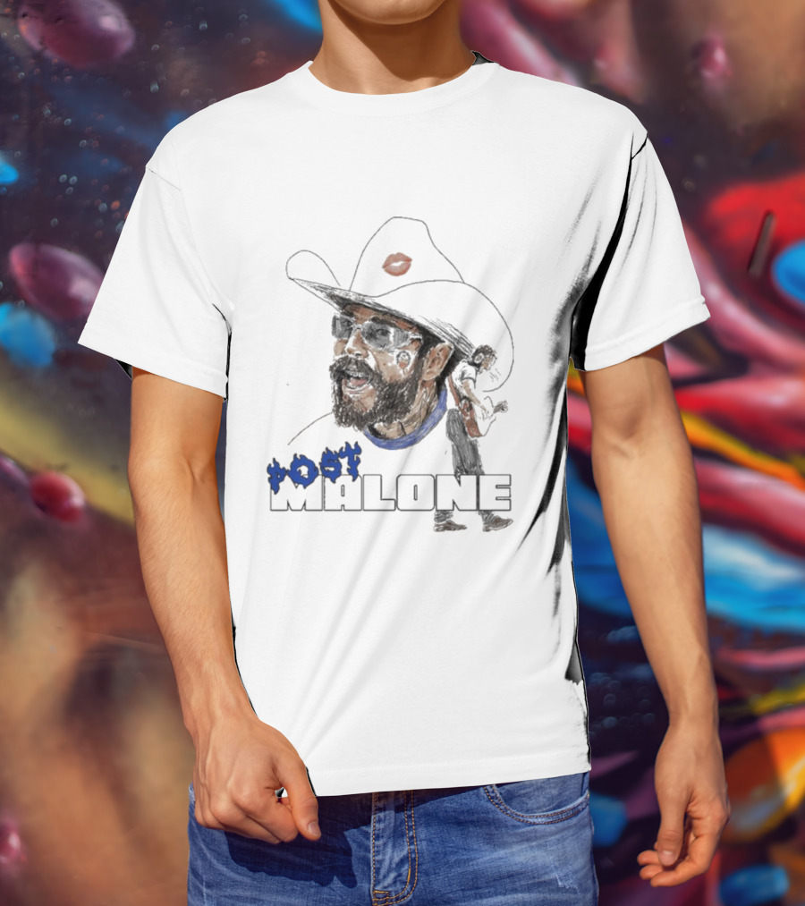 Post Malone Cowboy Hat Blue Flame Portrait T-Shirt