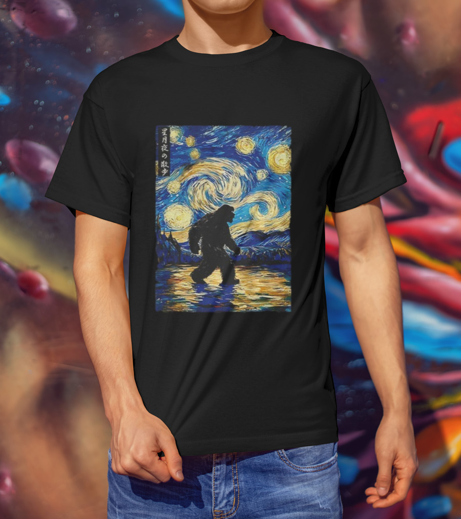 Bigfoot Stroll Under Starry Night Van Gogh Style Japanese Text T-Shirt