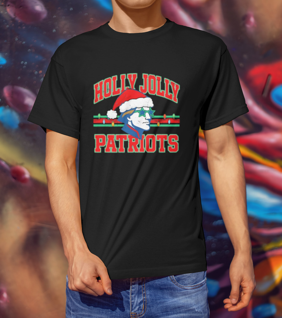 Patriots Christmas Holly Jolly Santa Hat Lights T-Shirt