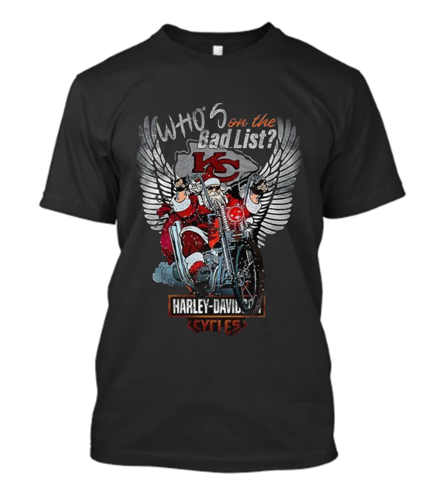 Kansas City Chiefs Santa Who's On The Bad List Harley Davidson Cycles Chiefs T-Shirt