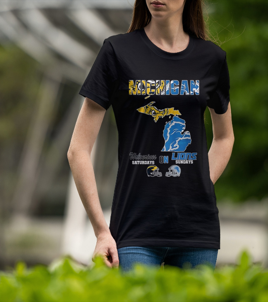 Michigan Wolverines Saturdays Detroit Lions Sundays Map T-Shirt
