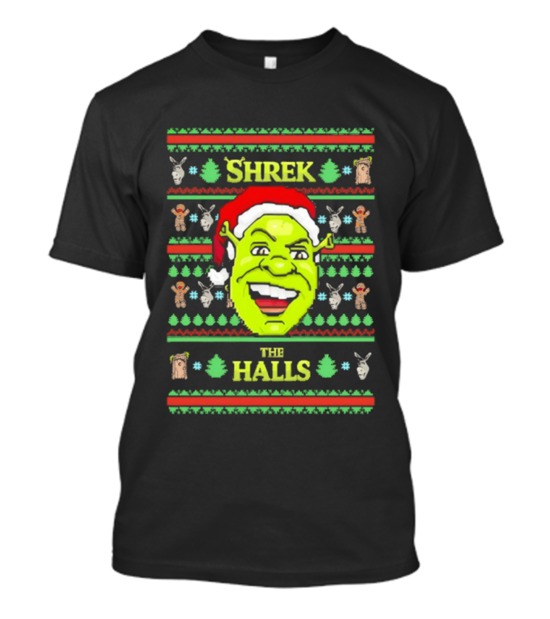 Shrek The Halls Christmas Ugly Sweater Design With Donkey And Santa Hat T-Shirt