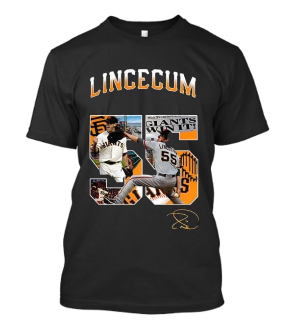 Lincecum Giants Number 55 Giants Win Orange Black Signature T-Shirt