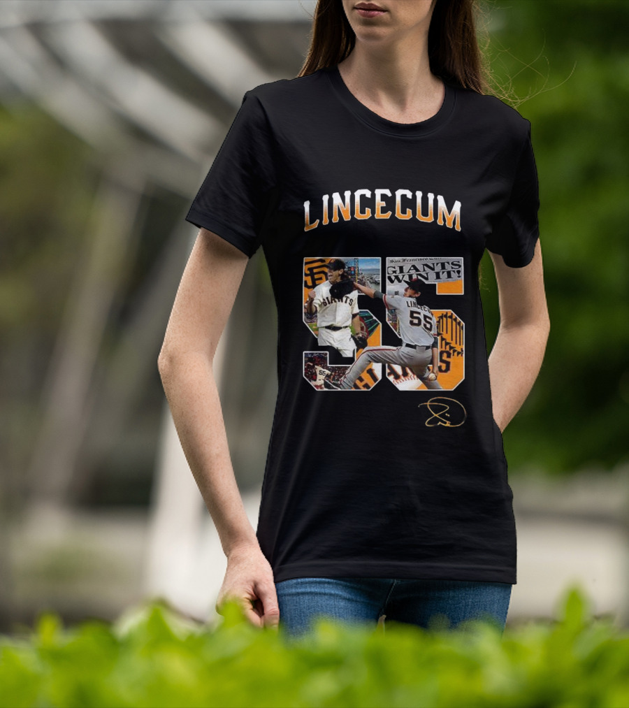 Lincecum Giants Number 55 Giants Win Orange Black Signature T-Shirt