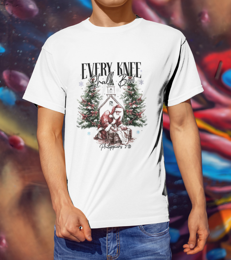 Every Knee Shall Bow Philippians 2:10 Santa Claus Christmas Trees T-Shirt