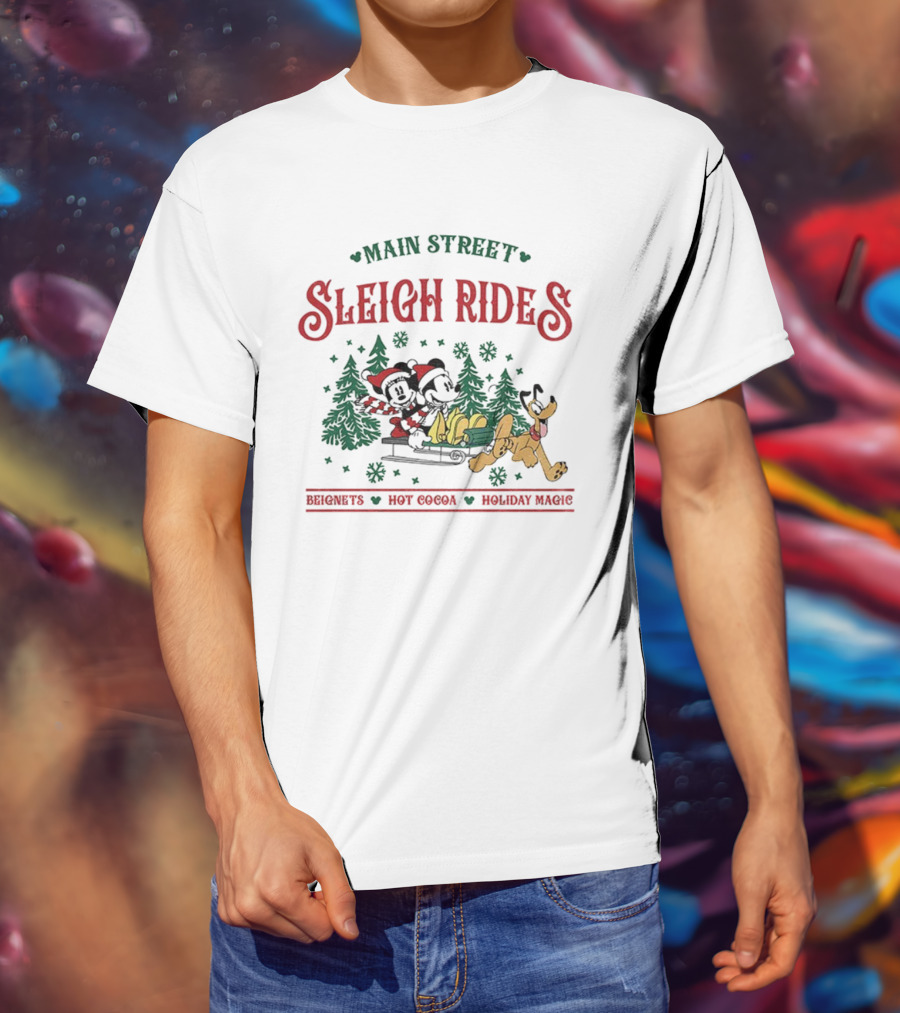 Main Street Sleigh Rides Beignets Hot Cocoa Holiday Magic Disney Christmas Mickey Minnie Pluto T-Shirt