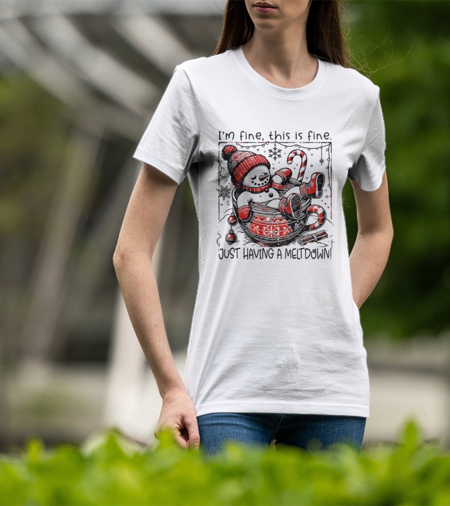 Snowman Santa Hat I'm Fine This Is Fine Just Having A Meltdown Merry Christmas T-Shirt