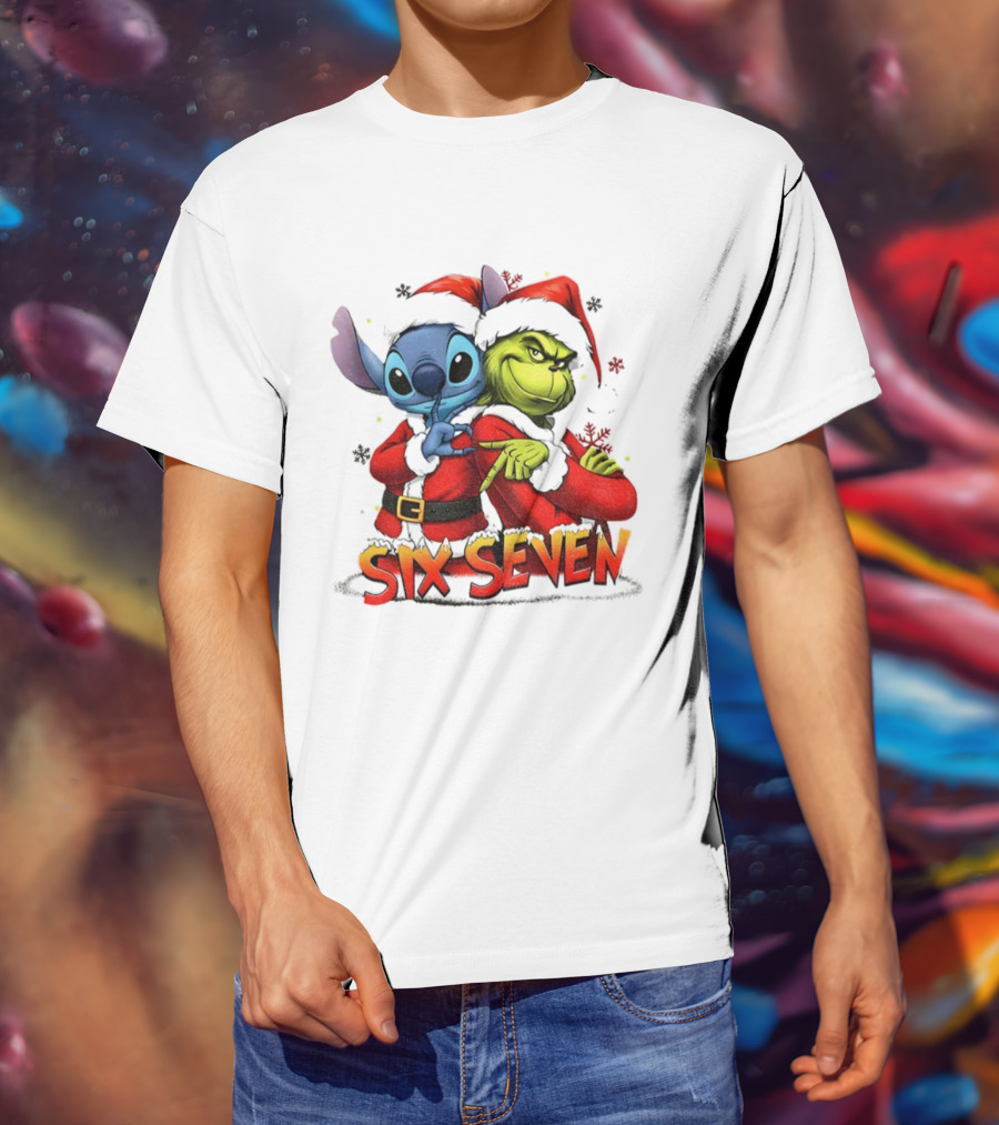 Stitch Grinch Santa Hat Six Seven Christmas Meme T-Shirt