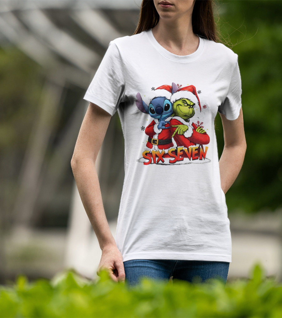 Stitch Grinch Santa Hat Six Seven Christmas Meme T-Shirt