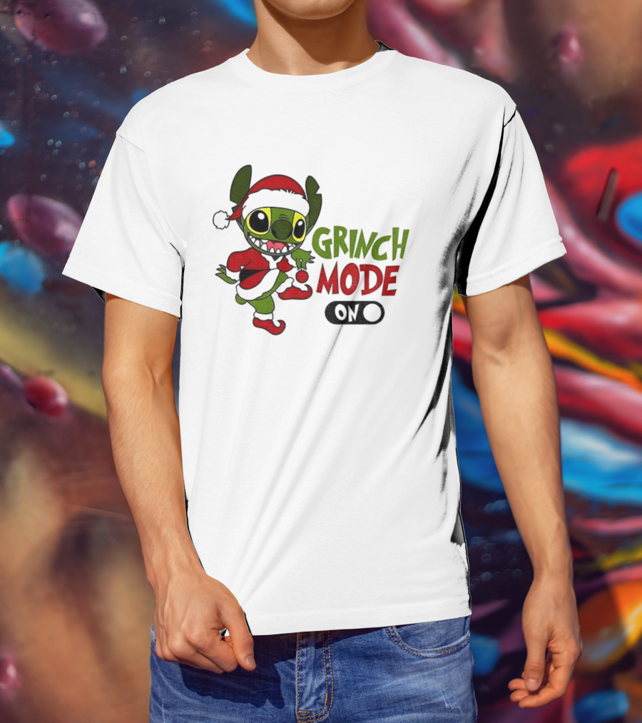 Stitch Grinch Santa Grinch Mode Merry Christmas Turn On T-Shirt