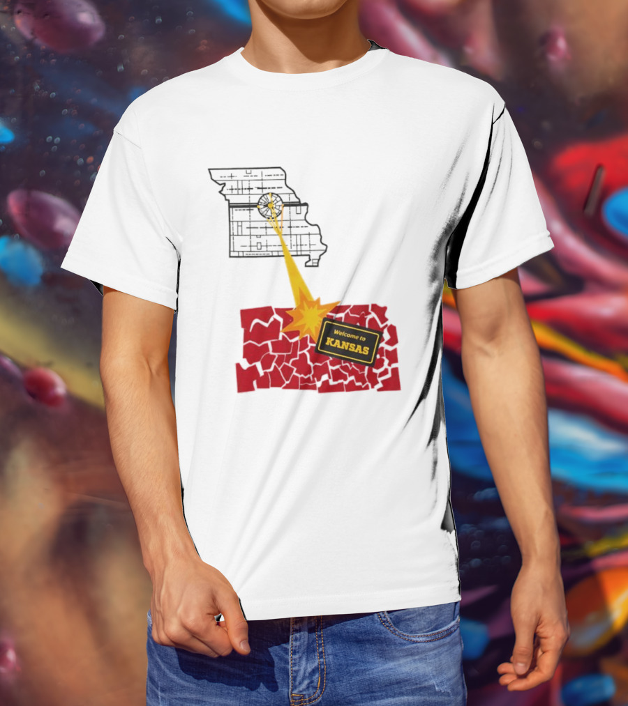 Missouri Map Blast Welcome To Kansas Sign Explosion T-Shirt