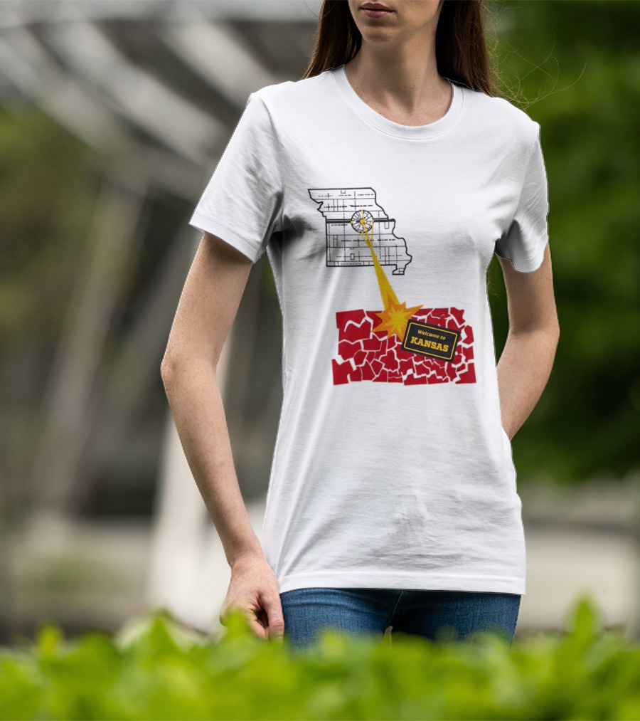 Missouri Map Blast Welcome To Kansas Sign Explosion T-Shirt