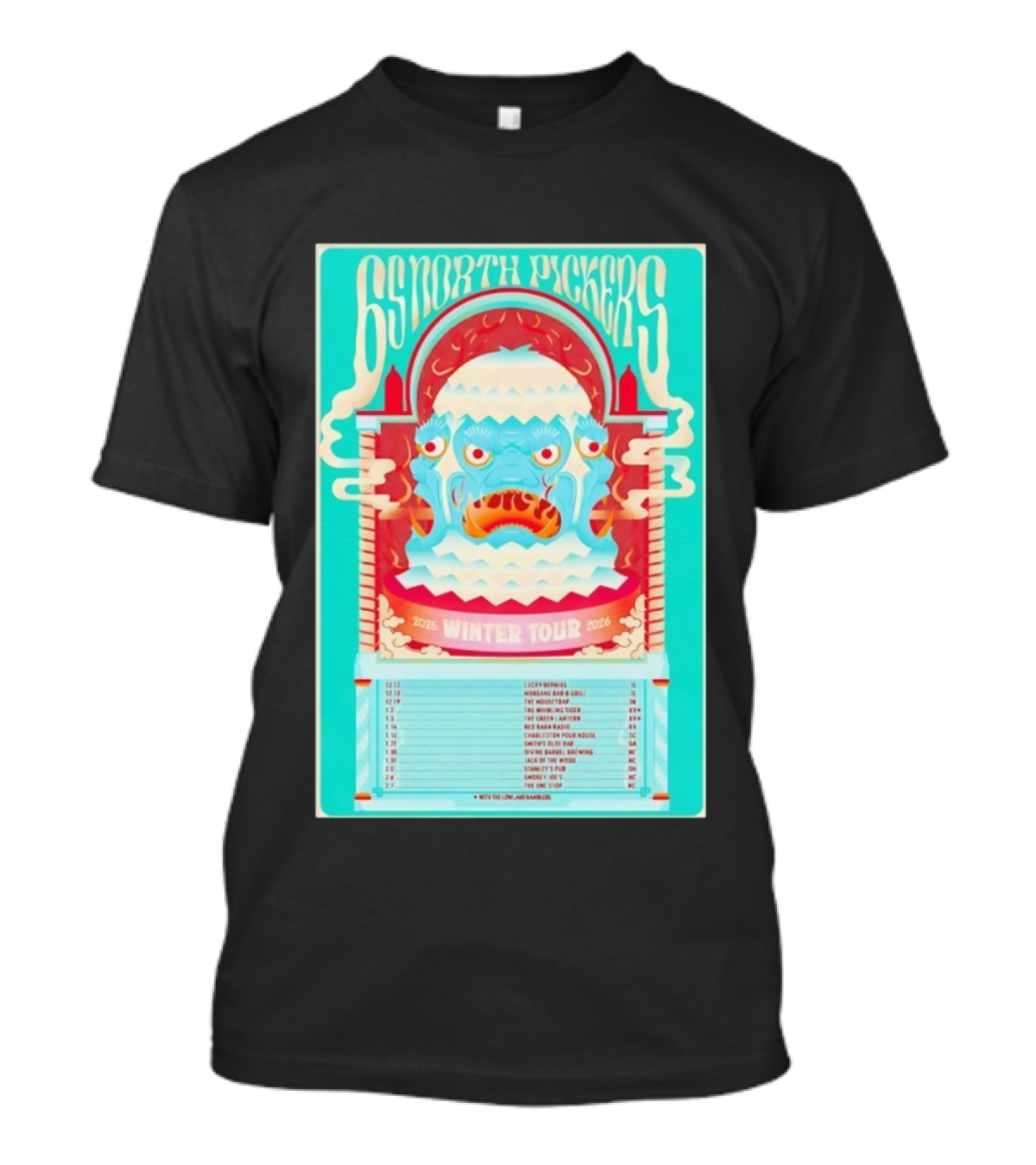 65 North Pickers 2025 2026 Winter Tour Vibrant Monster Face Artwork And Dates T-Shirt